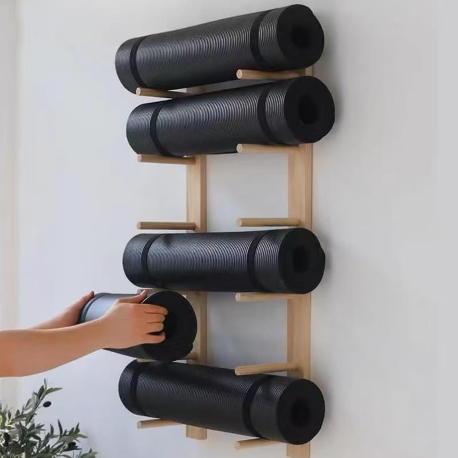 Supporto porta-rulli in legno per foam roller, supporto porta-rulli a 6/9 ripiani da parete, supporto per tappetino da pilates di grande capacità per palestra, per studio yoga, palestra