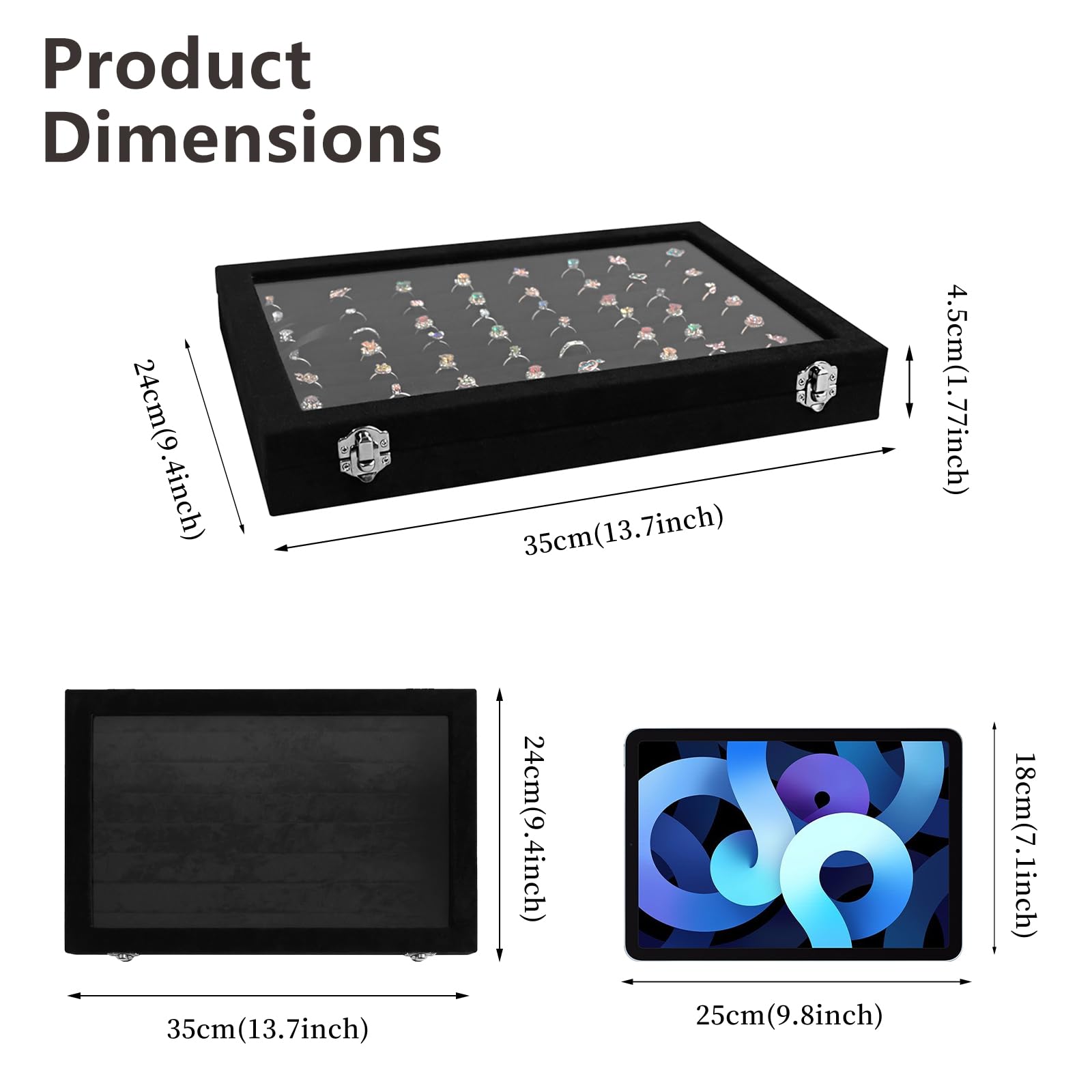 Wudygirl Organizador de anillos de 7 ranuras para anillos y joyas, caja de terciopelo con múltiples ranuras, organizador de anillos y escaparate de joyas (terciopelo negro)