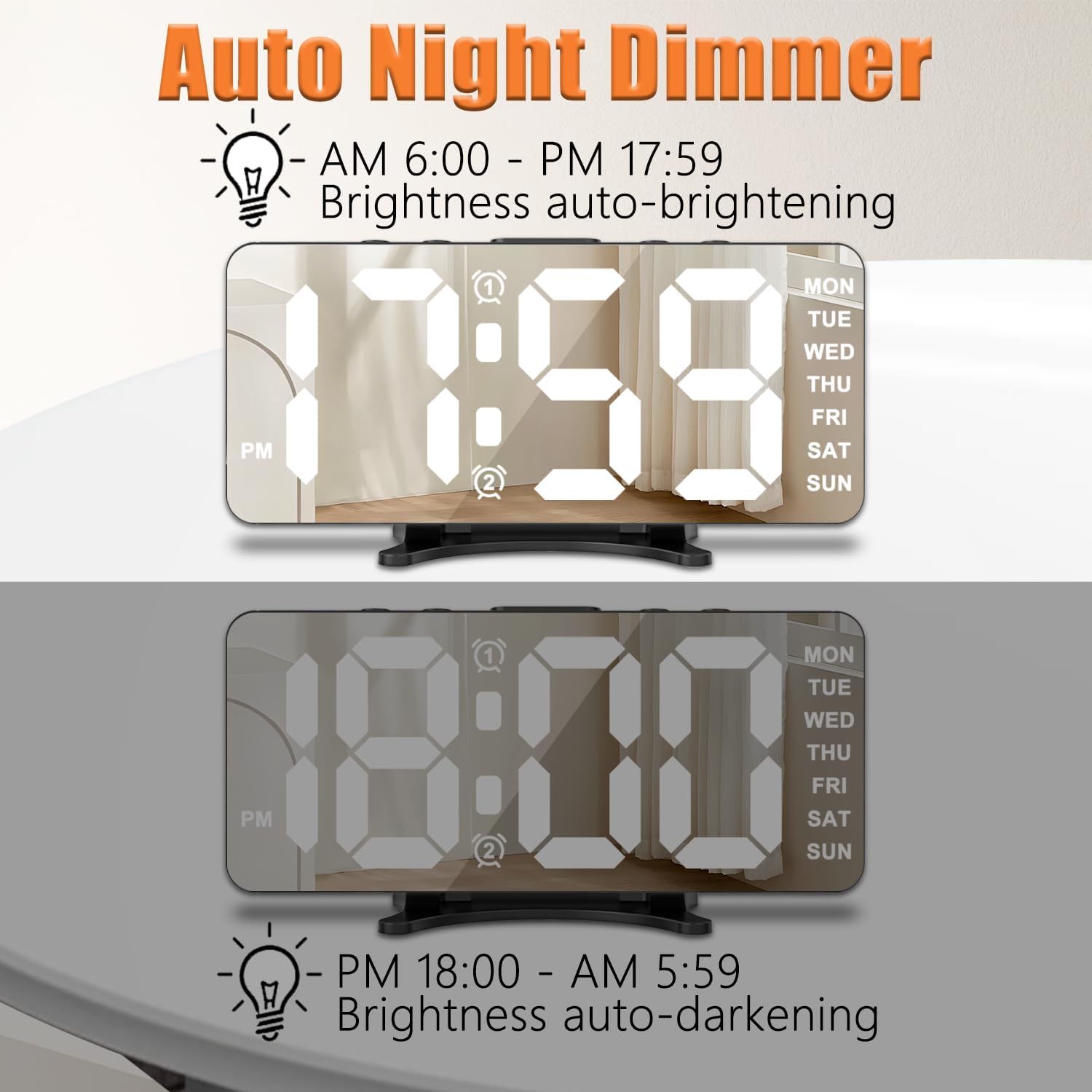 Reloj despertador digital para dormitorios, alarmas duales, puerto de carga USB, volumen y brillo ajustables, atenuación automática, decoración de sala de estar, súper fuerte, negro