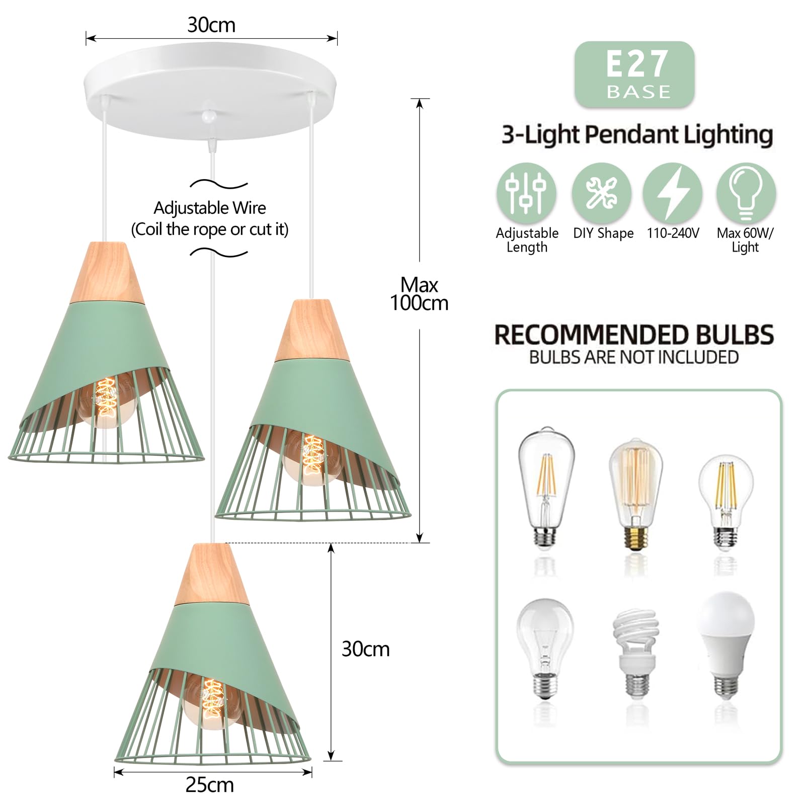 Lampada a sospensione Design E27 Industriale Lampada da soffitto Moderna Legno e Metallo Lampadari e Plafoniere Interni Ø25cm Per Cucina Camera da letto Sala Da Pranzo (Verde - 3 luci - base)