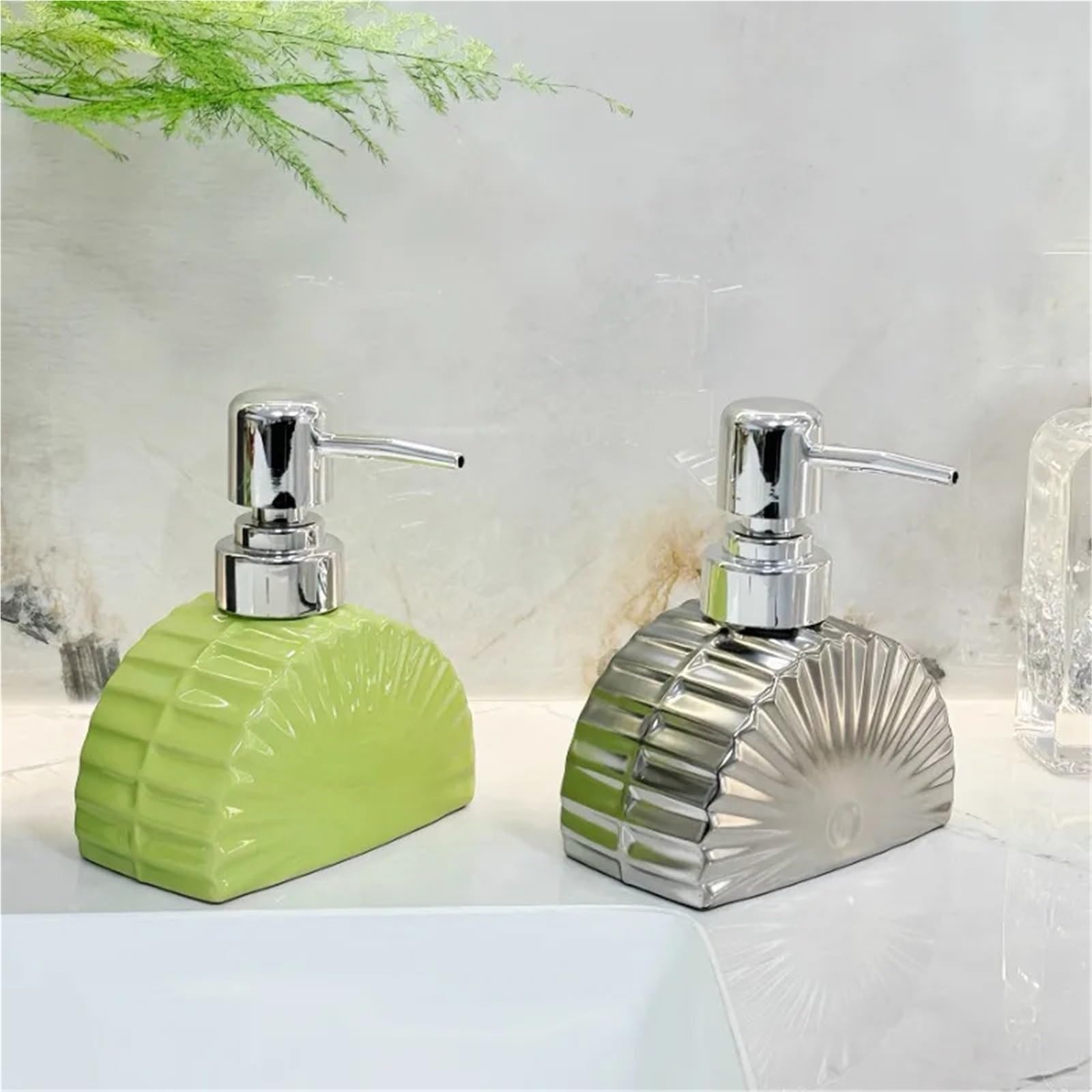 Ceramiczny dozownik mydła, Ceramiczny dozownik mydła w kształcie wachlarza Butelka dezynfekująca Żel pod prysznic Szampon Wielokolorowy Pusty(Green)