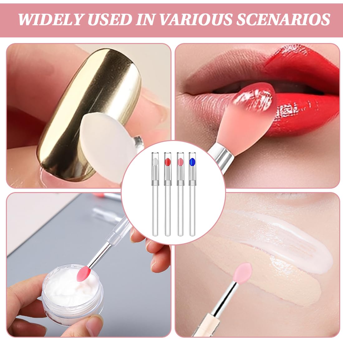 4 Pezzi di Pennelli per Rossetto in Silicone, Applicatori Riutilizzabili per Scrub Labbra, Adatto per tutti i Tipi di Pelle, 11 x 1 x 1 cm, Bianco, Rosa, Rosso Anguria e Blu