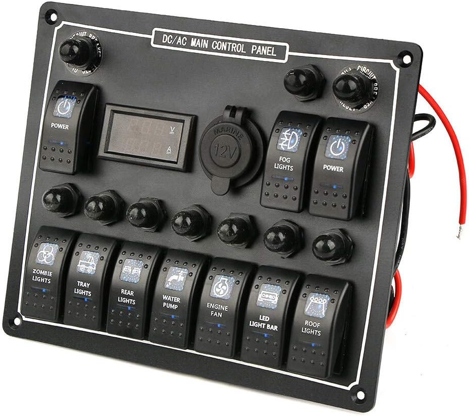10 Gang Car Boat Marine LED Rocker Switch Panel, MultiFunction Digital Current