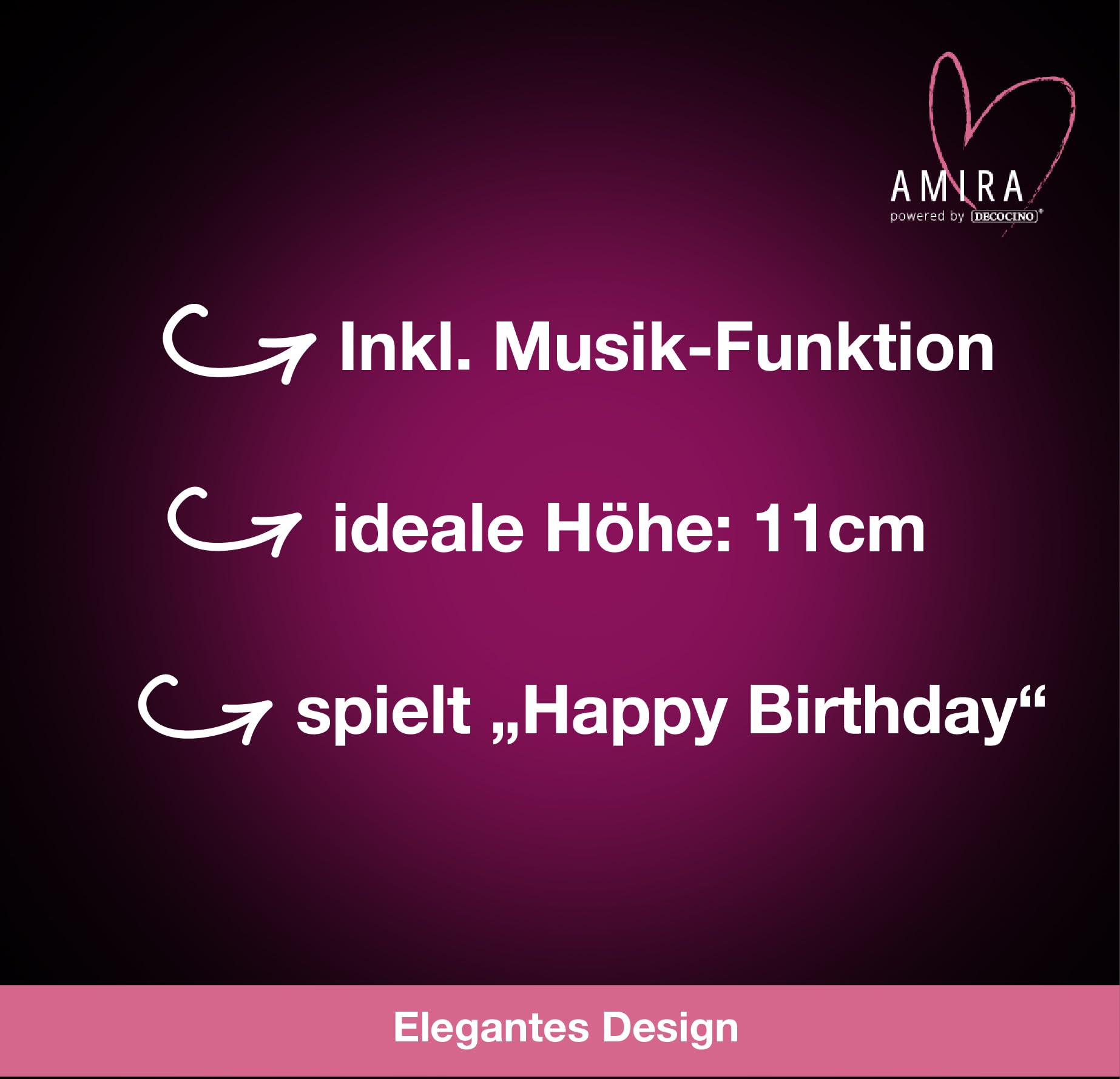 AMIRA powered by decocino - muzyczna świeca Happy Birthday, różowe złoto, idealna na urodziny, odtwarzanie muzyki, Happy Birthday, urodziny dziecka, świeca z świecznikiem