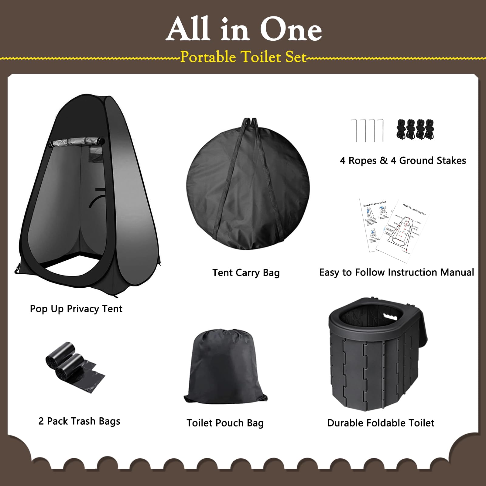 Petgin Portable Outdoor Camping Toilet Kit for Adults,Pop Up Privacy Tent, Camping Folding Toilet, 30 Toilet Bags, Washable Foldable for Travel, RV, Car, Beach, Hiking-Black