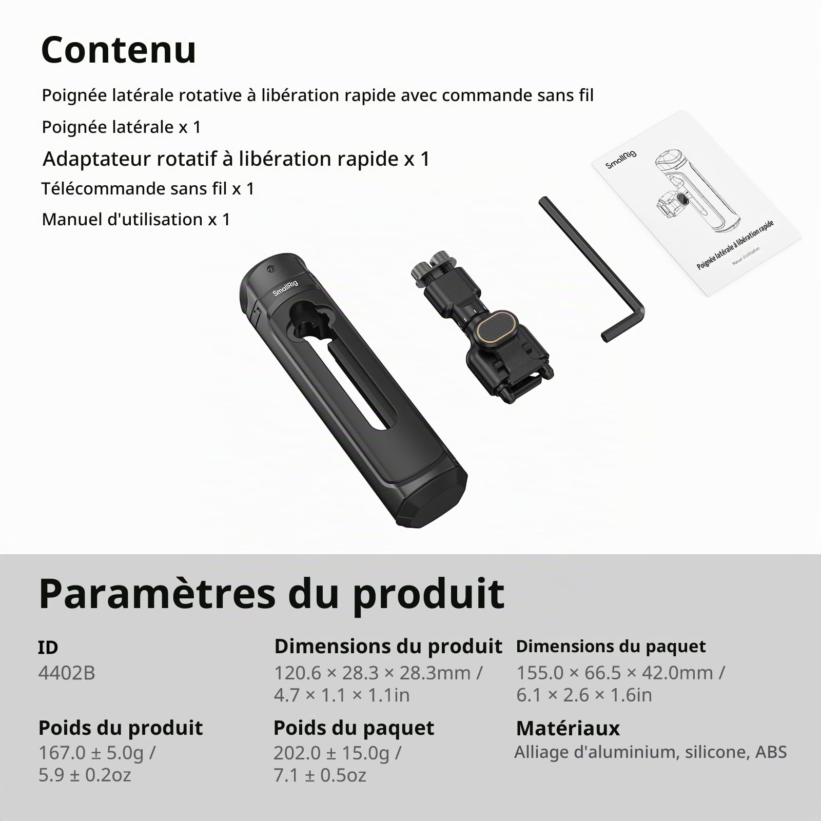 SMALLRIG Rotatif Poignée Latérale de Commande sans Fil pour Cages de Smartphone à Dégagement Rapide, avec Adaptateur à Dégagement Rapide, Module de Télécommande et Cold Shoe Intégrée - 4402B