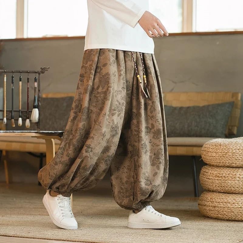 Pants for Men Chinese Style Corduroy Casual Elastic Waist Male Loose Wide Leg Trousers2