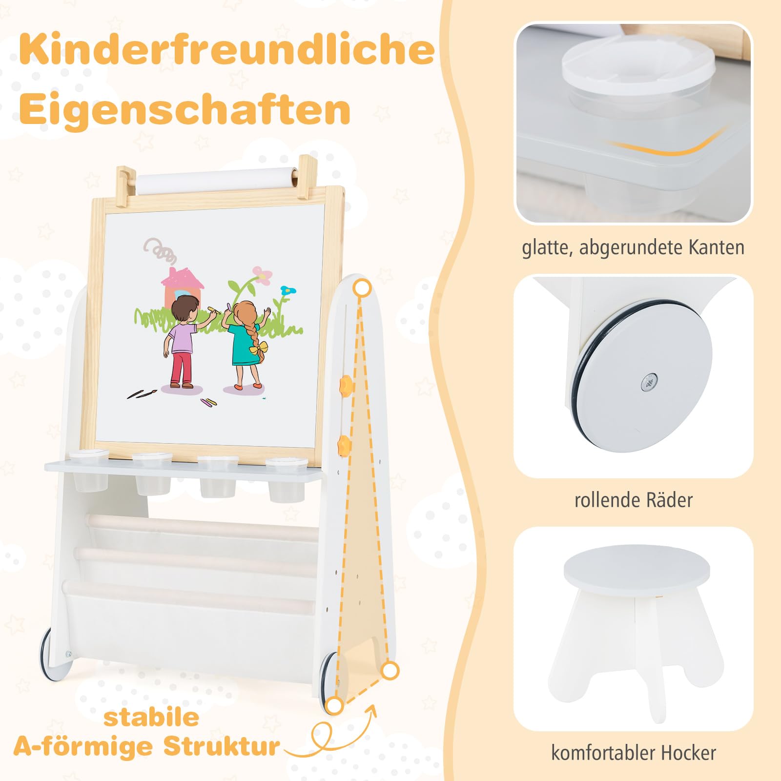 COSTWAY Kinder Staffelei mit Hocker, 4-in-1 Kindertafel mit Magnettafel, Schultafel, Bücherregalen, Standtafel inkl. Papierrolle & Zubehör, Kinderstaffelei für Kinder ab 3 Jahren