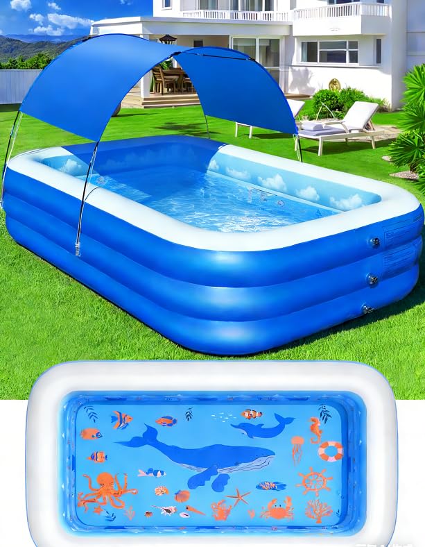 Inflatable Pool with Canopy,Upgraded Inflatable Swimming Pool for,Adult,Large Inflatable Blow up Pools,Ocean Theme Oversized Thickened 100'x63'x22'Inflatable Family Pools for Backyard-Blue