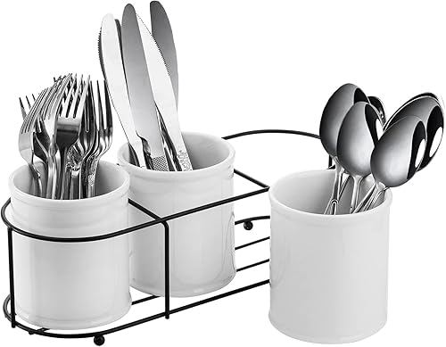 Miniatura 2 de Bekith 3-Piece Ceramic Silverware Caddy with Metal Rack, Utensil Holder Flatware Caddy Cutlery Storage Organizer for Kitchen Table, Cabinet or Pantry