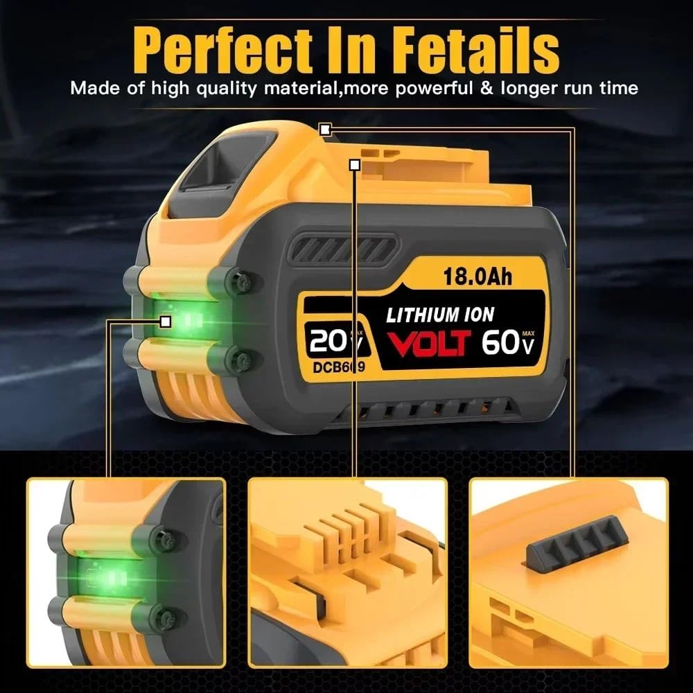 Akumulator litowy 18 Ah, 20 V/60 V, kompatybilny z narzędziami serii DeWalt FLEXVOLT MAX DCB609/DCB606/DCB612 i DCD996/DCF885/DCS391, akumulator o wysokiej wydajności 18000 mAh do elektronarzędzi
