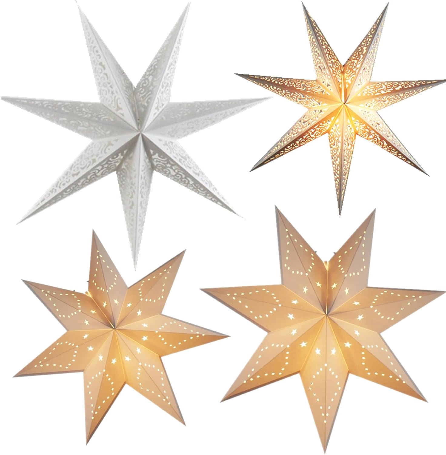 7 Point Star Paper Lantern,4pcs Paper Star Lantern Decoration Collapsible Handmade Hanging Hollow Star Paper Lantern Lampshades with 10 Foot Power Cord for Indoor Outdoor Decor (White gold)