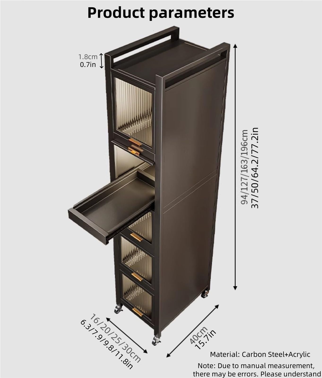 Gabinete de almacenamiento de cocina delgado con puertas acrílicas, carrito de despensa alto y estrecho con ruedas, ahorro de espacio para comedor y cocina (30 x 40 x 163 cm), ideal para espacios