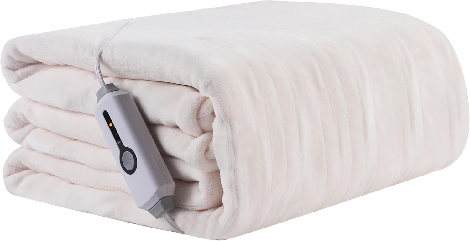 Electric Heated Blanket 72″x84″ Full Size, Soft Coral Fleece with 4 Heating Levels and 10 Hours Auto-Off, Machine Washable, Cozy Plush Fabric for Home, White