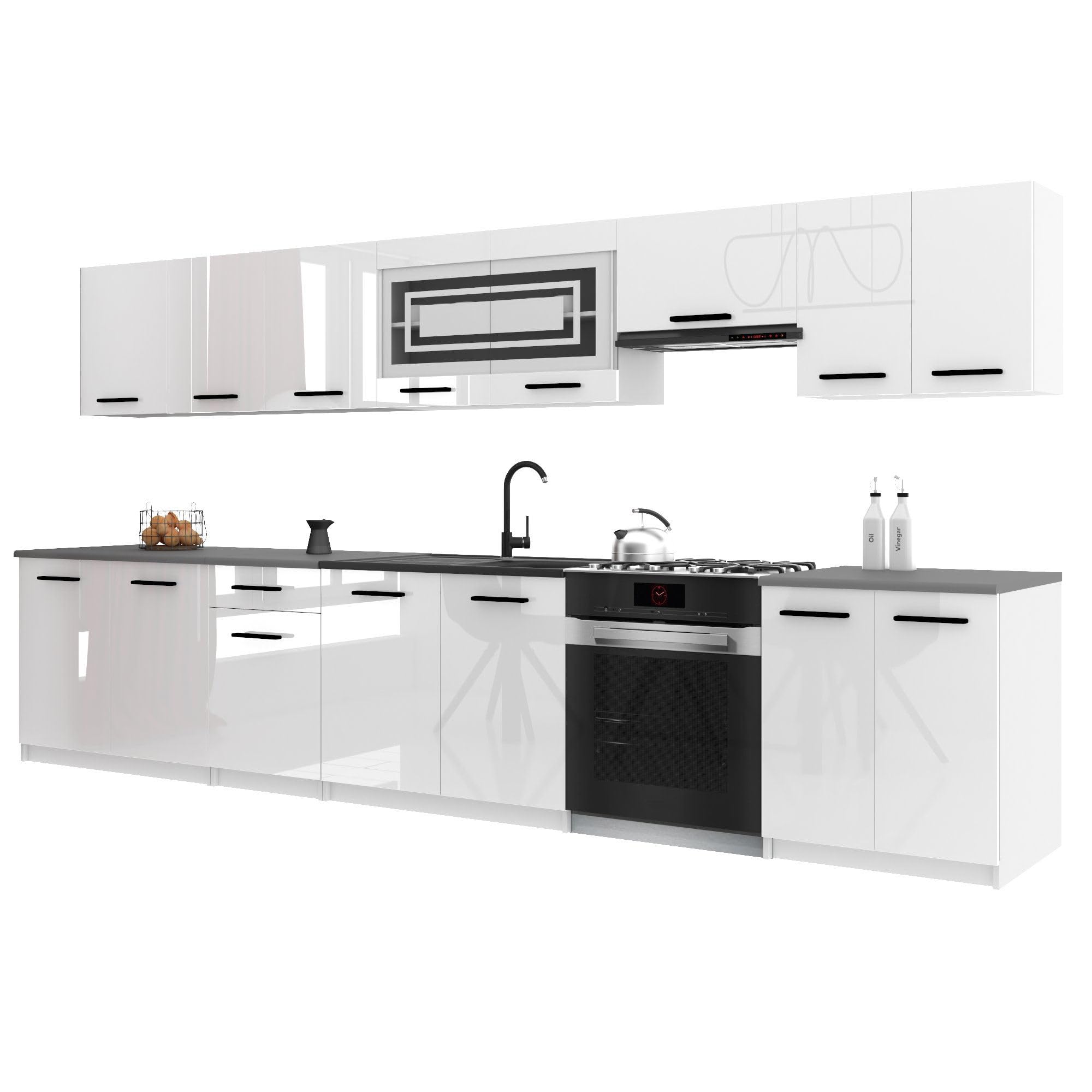 Belini Italia 3 Liniowa szafka kuchenna 320cm Biały Błyszczący | ECONATURA DECOR Liniowa szafka kuchenna, szafka, bez sprzętu AGD, z blatem roboczym