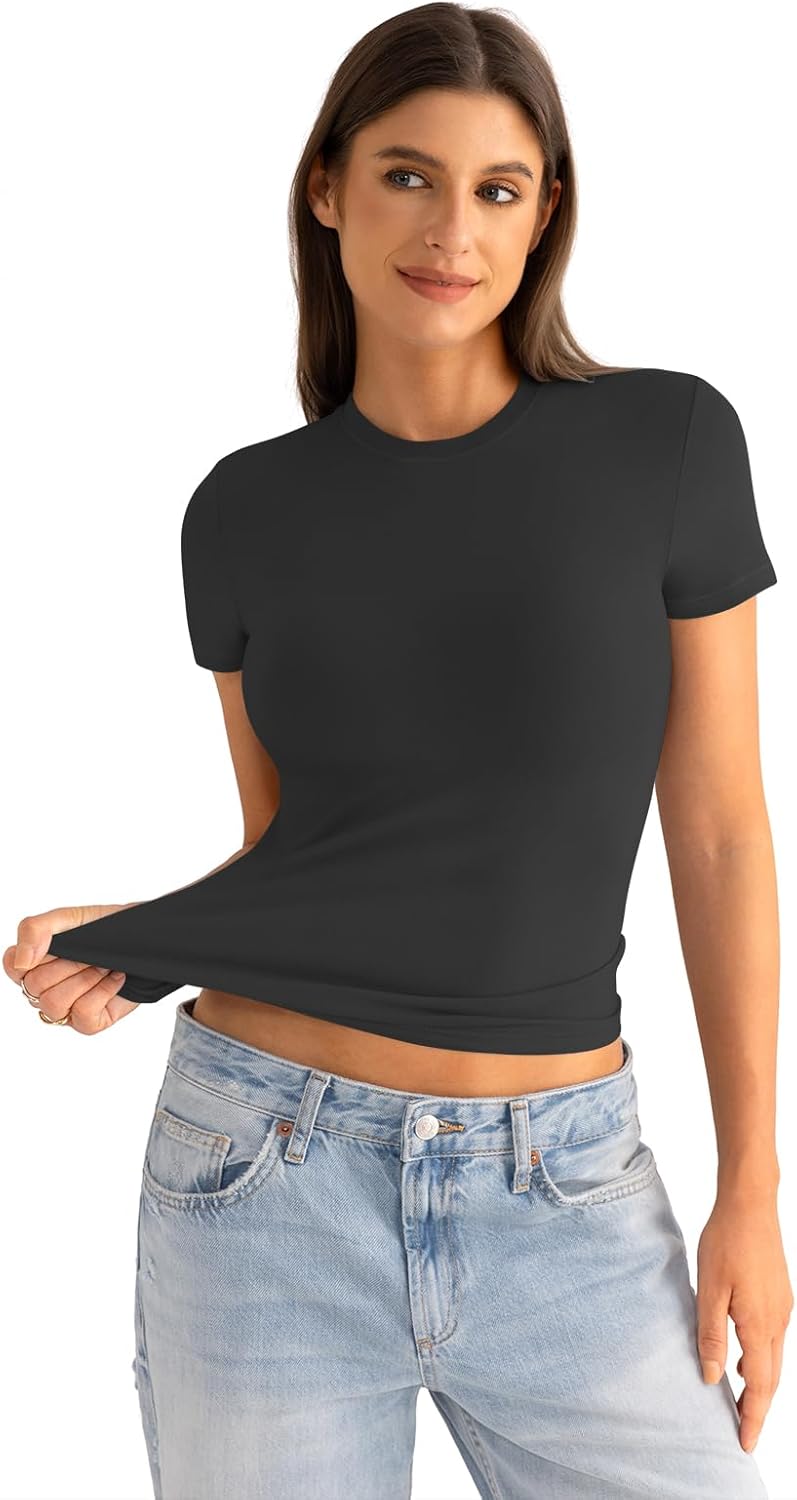 Womens Cotton Crew Neck Short Sleeve Shirts Summer Top Trendy Fitted Crop Tops Basic Going Out Tee - Image 3