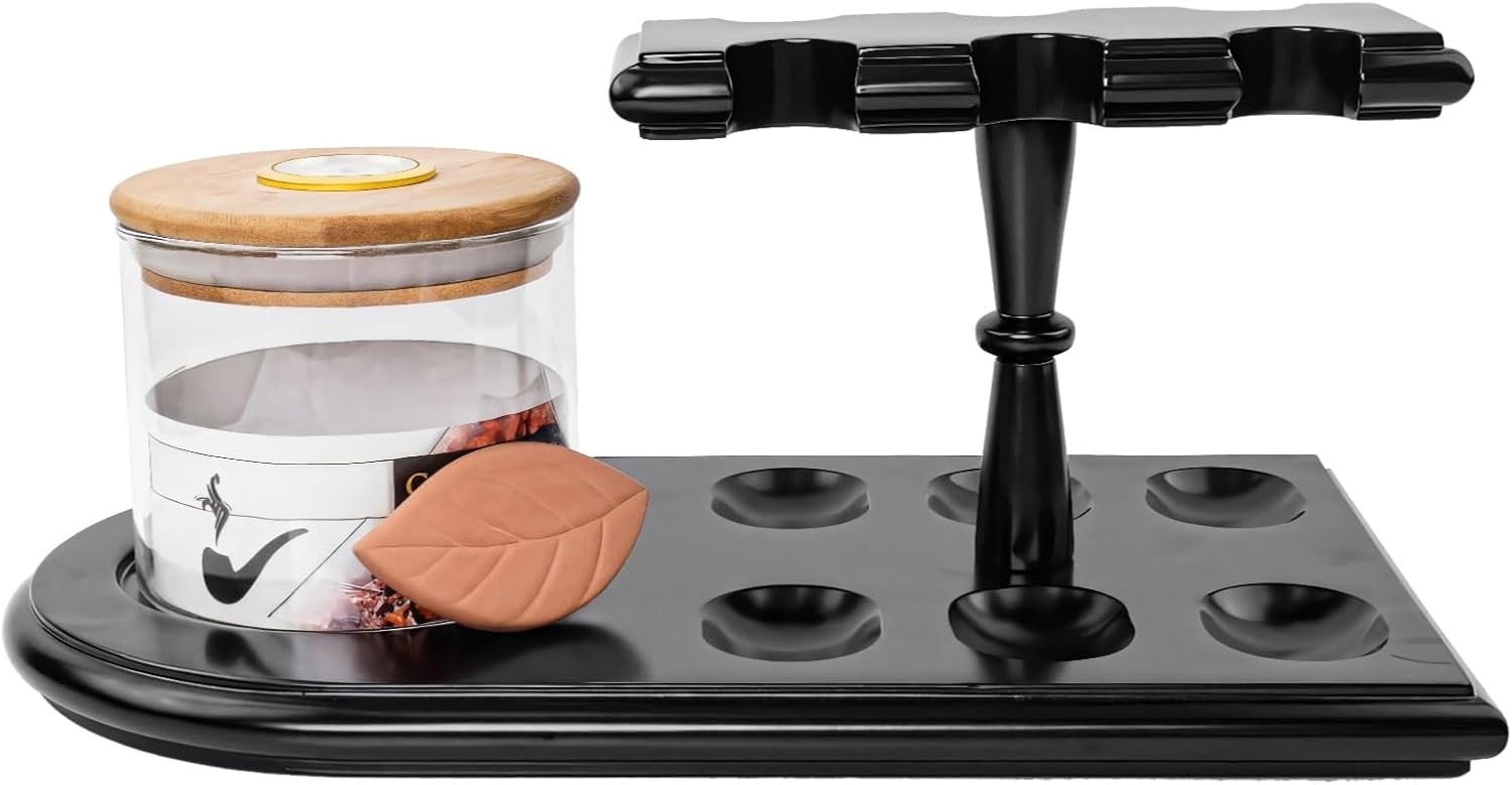 Elegant Black Wooden Tobacco Pipe Stand, 6-Slot Holder with Humidity Jar, Glass Jar with Wooden Lid and Leaf Ornamentation, Great for Decorating & Storing Pipes