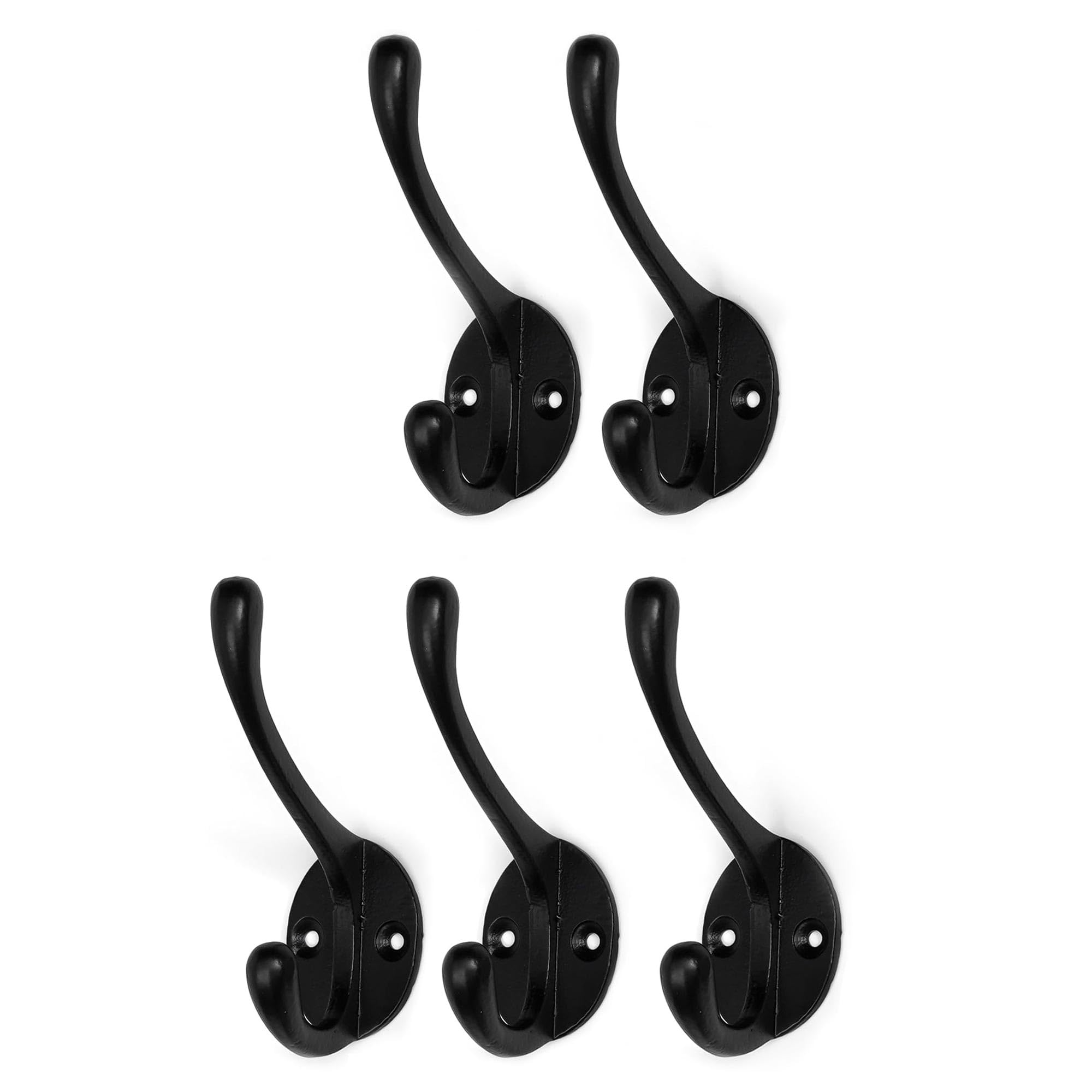 5-piece Cast Iron Black Coat Hooks, Includes 10 Screws - Easy to Install | Suitable for Doors, Walls, Entryways, Bedrooms, and Bathrooms