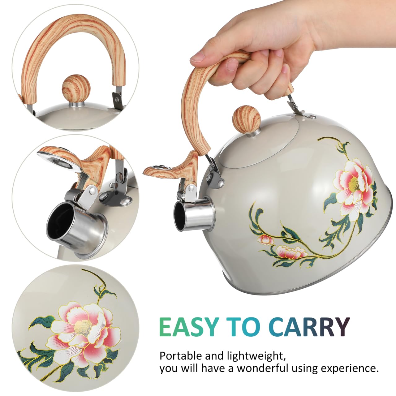 Ciieeo Tetera silbante, hervidor de té de acero inoxidable silbante de 3 litros, hervidor de té con patrón de flores, hervidor de agua caliente, tetera de inducción para cocina del hogar