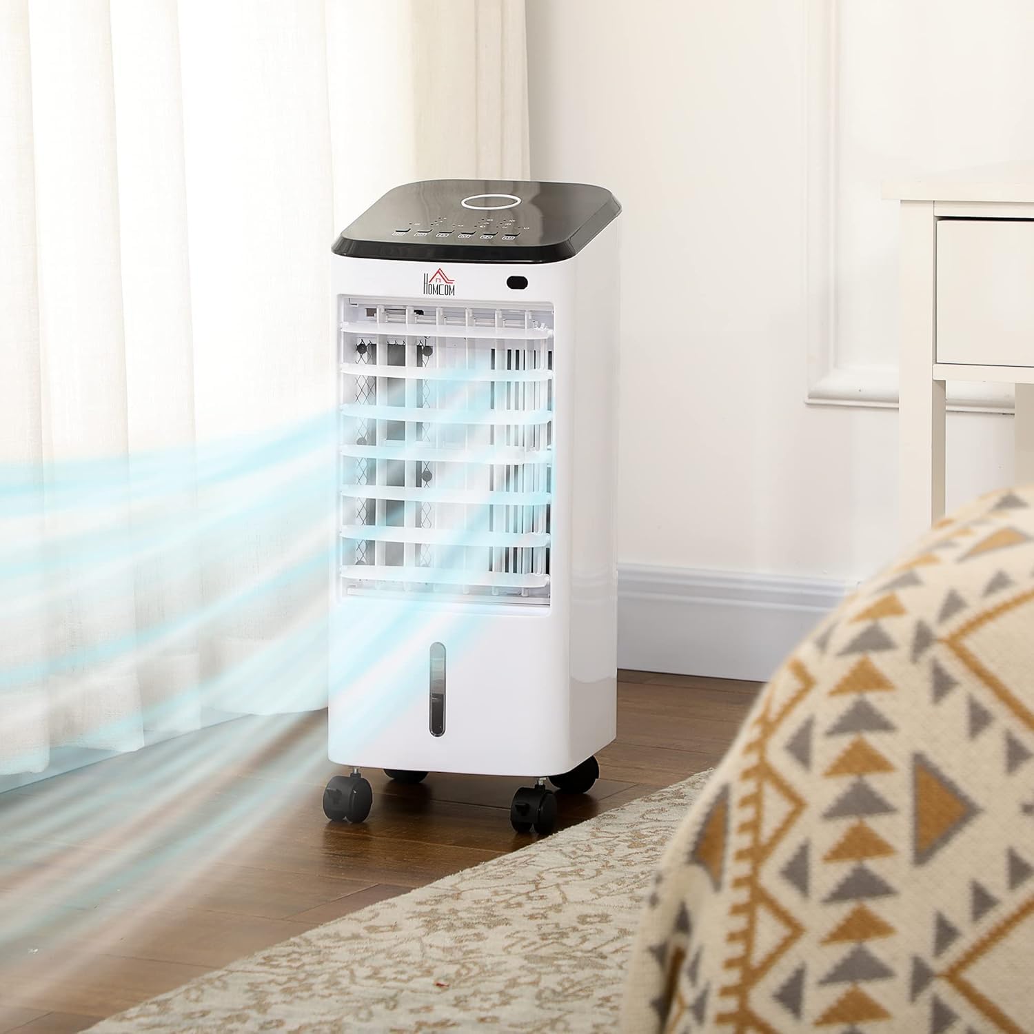Condizionatore Portatile 3 in 1, Ventilatore, Umidificatore con Ghiaccio e Deumidificatore, 3 Velocità, 3 Modalità e Telecomando, con 6 pezzi di ghiaccio, 65W in ABS, 24x28x56 cm,Bianco