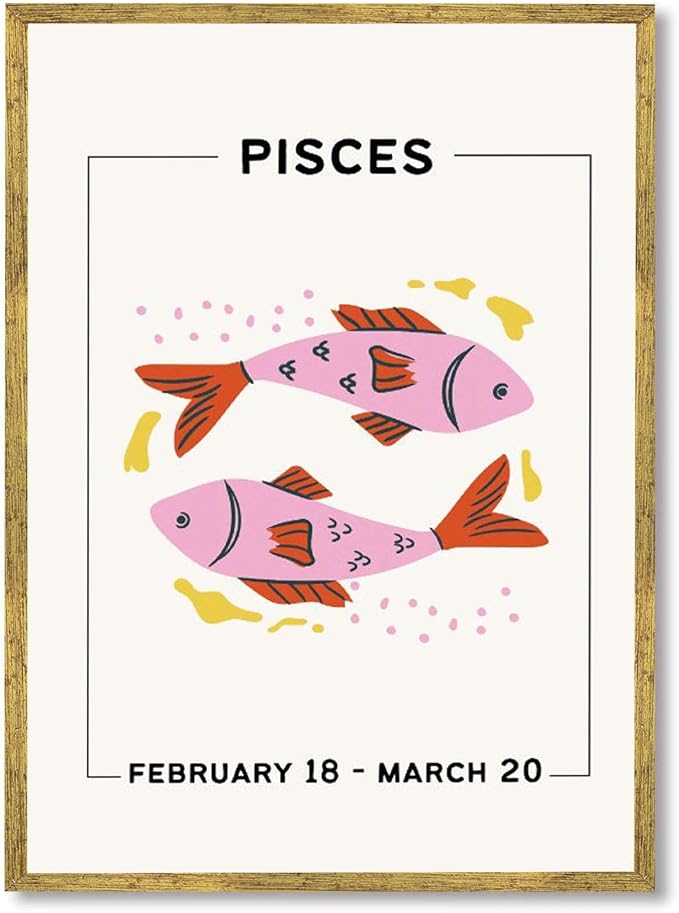 Framed Pisces Zodiac Sign Canvas Print Art Cute Poster Modern Painting Pictures Wall Decor Wall Decoration Art Print for Living Room Bedroom Apartment Home Decor (Gold Framed,12L x16W)