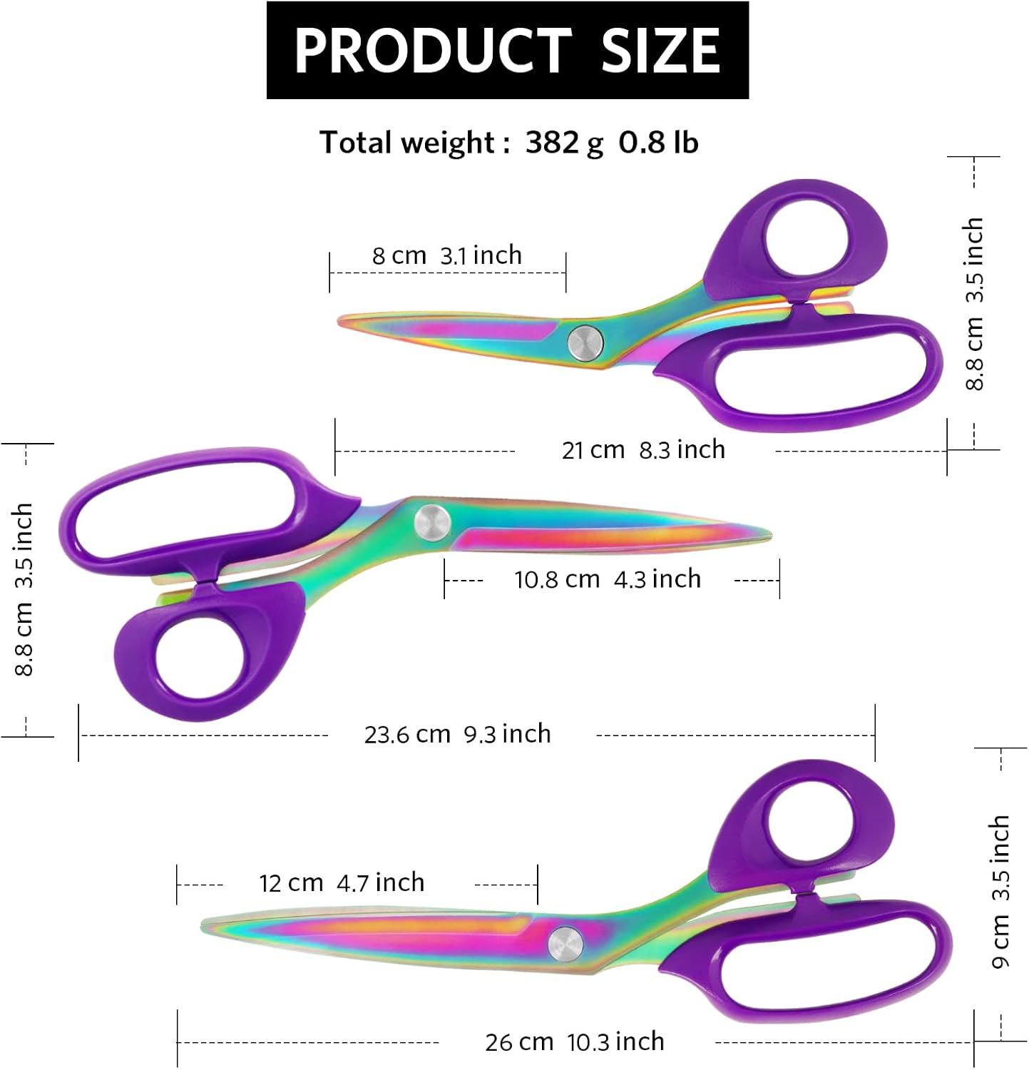 Asdirne Titanium Coating Fabric Scissors, Professional Sewing Scissors, Ultra-Sharp Stainless Steel Blades, Ergonomic ABS Handle, Great for Craft and Sewing, Set of 3 (10.3”/9.3”/8.3”), Rainbow&Purple
