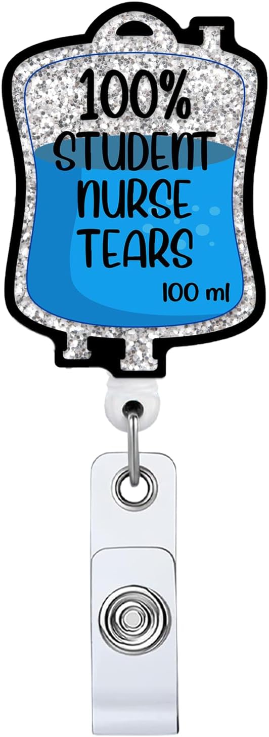 100% Student Nurse Tears Retractable Badge Reel, Funny Glitter Saline Pack ID Clip Name Tag Card Gift for Doctor Nurse Alligator Clip