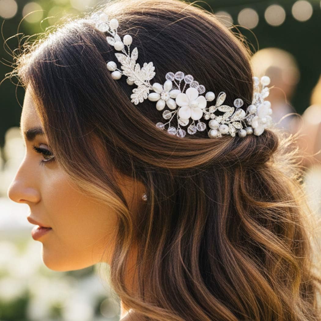 EASEDAILY Flower Bride Wedding Headpiece Silver Pearl Bridal Hair Vine Headband Leaf Hair Accessories for Women (Silver, One Size) - Image 5