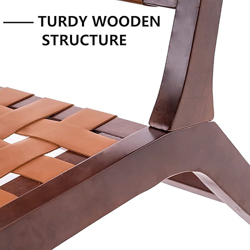 Miniatura 5 de RichFire Silla de descanso moderna de mediados de siglo silla de cuero tejido en estilo bohemio piel de coñac silla perezosa de madera maciza para
