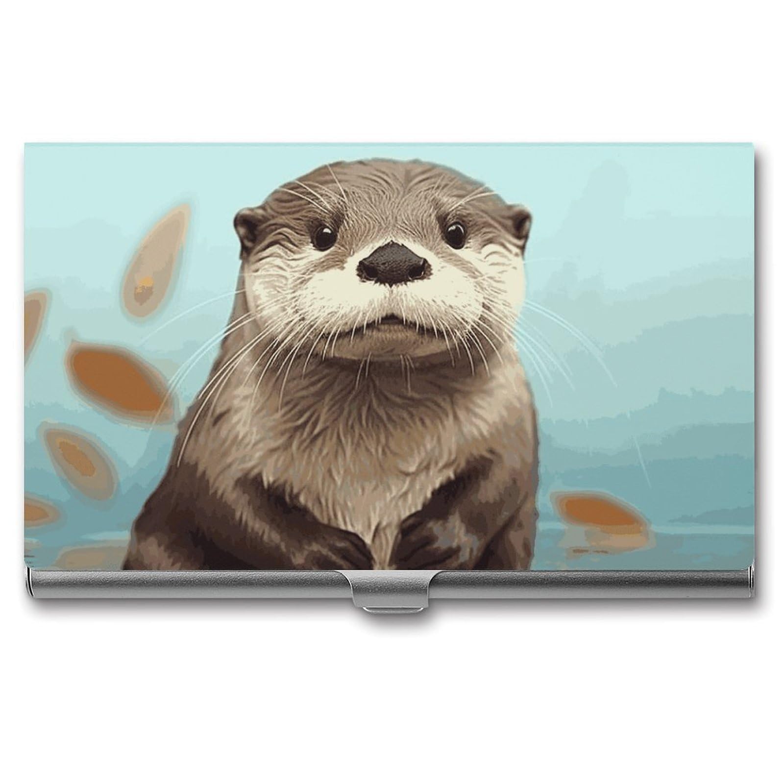 DWVTSLH Cute Otter Business Card Holder, Slim Portable Metal Business Card Case Pocket Wallet Professional Name Cards Holder for 22-30 Cards, Credit Card ID Case/Holder for Men Women