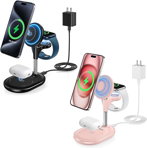Hevanto Soporte cargador 3 en 1 Mag-Safe para iPhone, AirPods y Apple Watch, paquete de 2 (negro y rosa pálido)