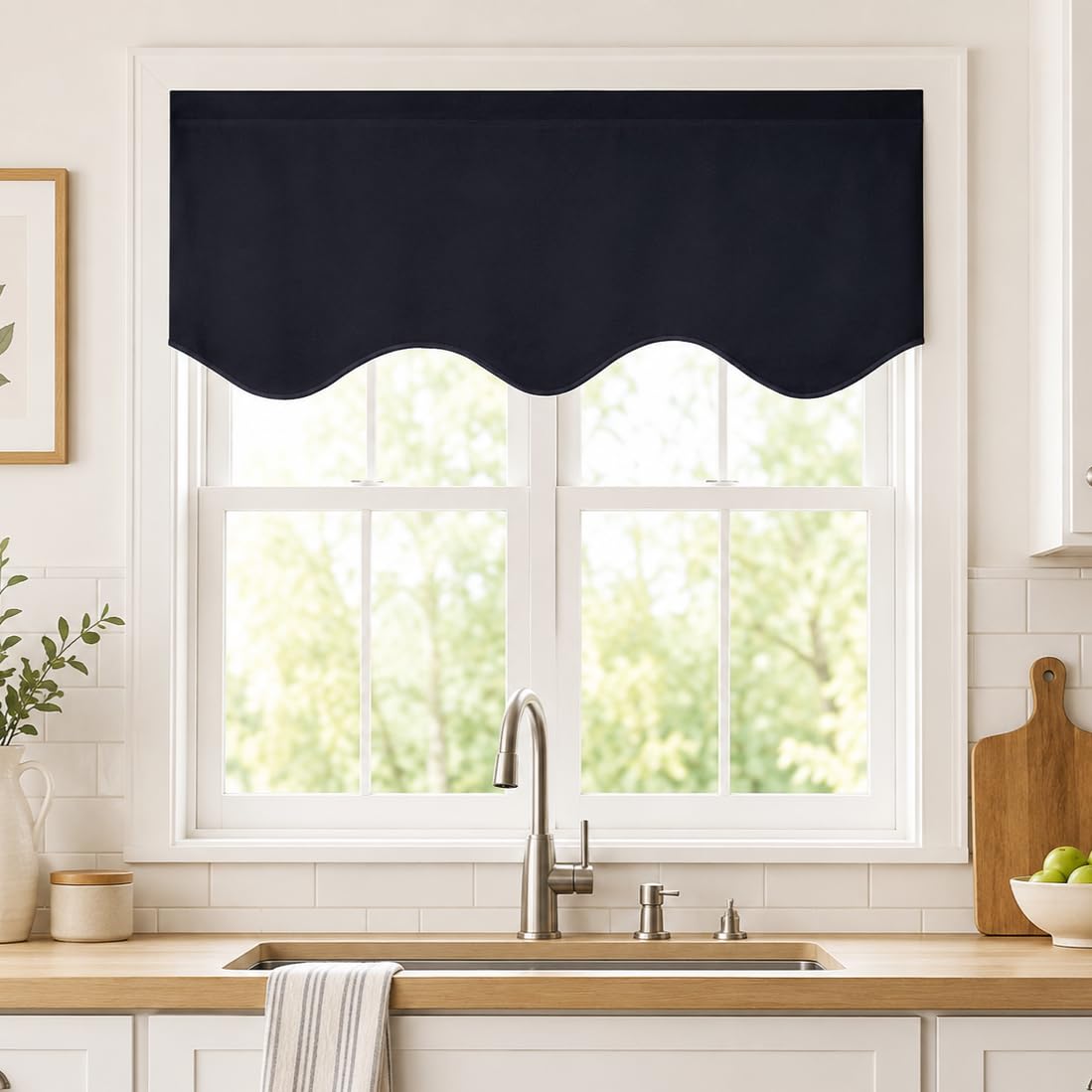 Aquazolax Kitchen Valances for Windows Readymade Blackout Window Scalloped Valance Curtains, 52inch by 18inch, Black, 1 Piece