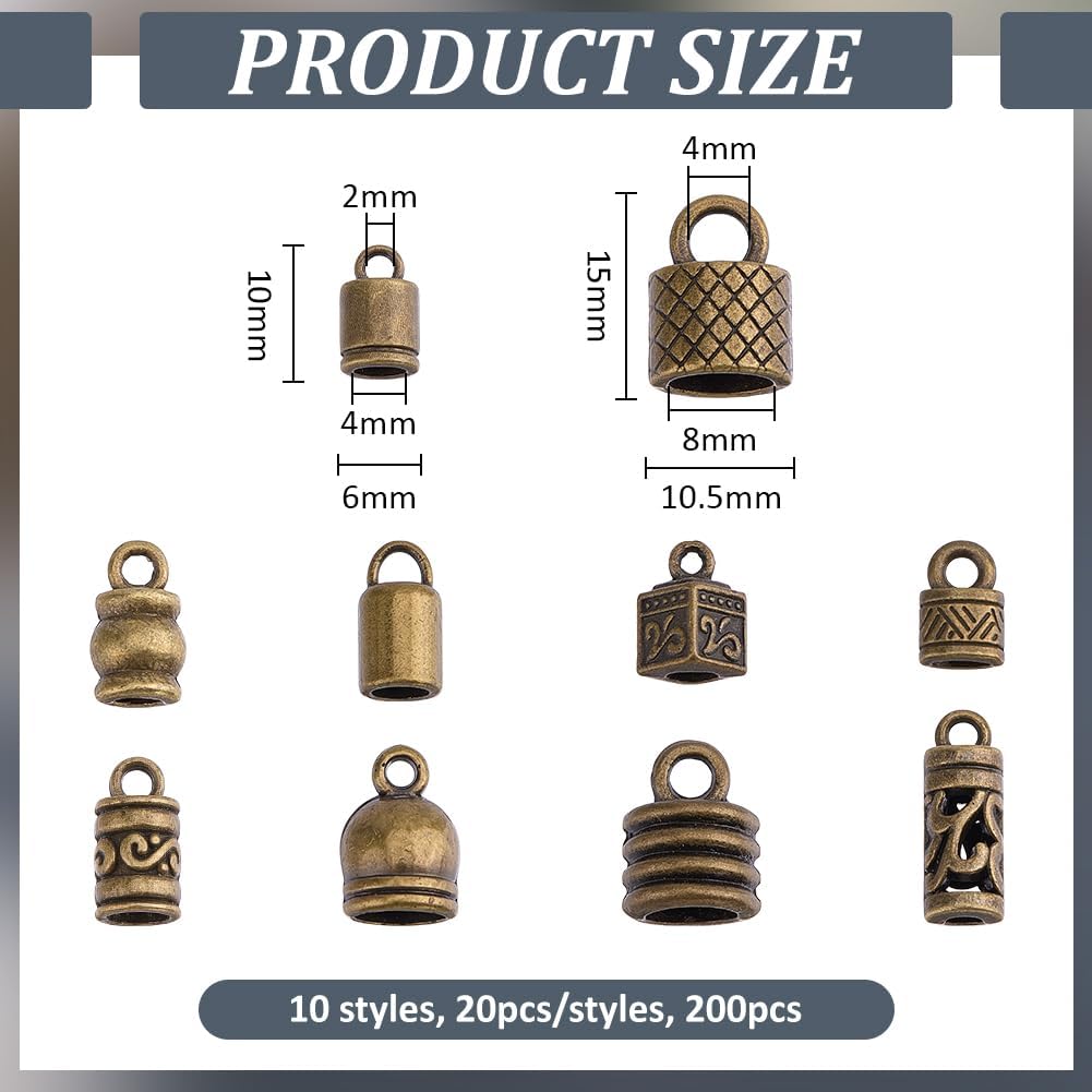 PH PandaHall 200pcs Cord End Caps 10 Style Tibetan Style Leather Cap Glue in Barrel End Caps Tube Crimp Beads Ends Cap for Kumihimo Jewelry Making Bracelet Necklace Leather Rope Craft, Antique Bronze