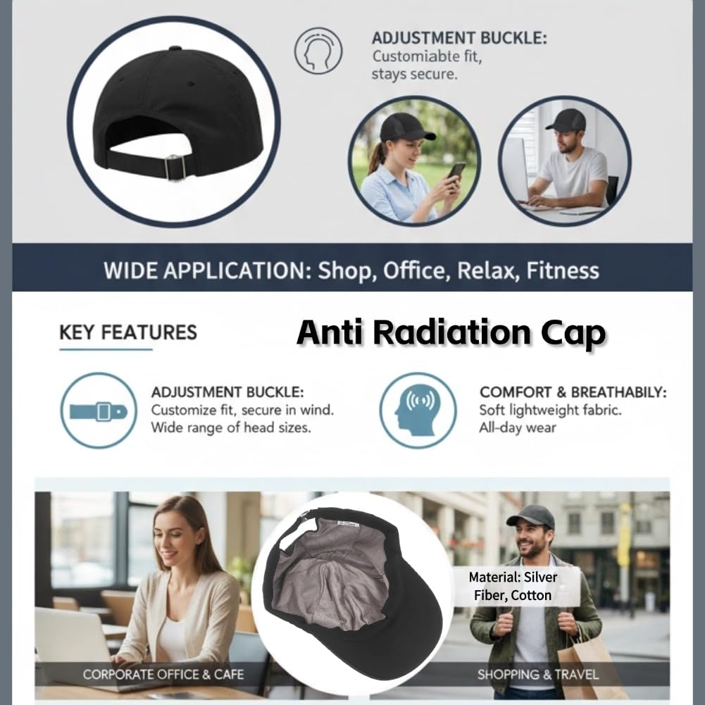 Cappuccio Anti-Radiazioni, Cappuccio di Protezione Dalle Radiazioni EMF Rivestito in Fibra D'argento con Circonferenza Regolabile per Telefoni Cellulari, Computer, Torri di (BLACK)