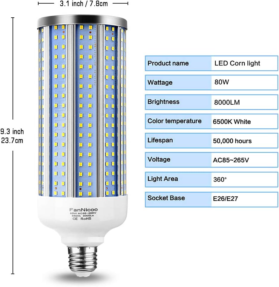 E39 80W LED Corn Light Bulb， 800W Equivalent 8000 Lumen 6500K Large Area Cool Daylight White for Outdoor Indoor Garage Warehouse Workshop Street Factory Backyard E39/E40&E26/E27 (E39/E40&E26/E27)