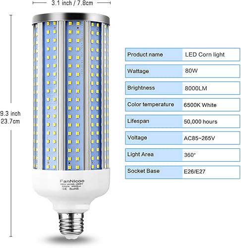 Miniatura 2 de Bombilla LED E39 de 80 W, equivalente a 800 W, 8000 lúmenes, 6500 K, gran área, luz blanca fría, para exteriores, interiores, garaje, almacén,