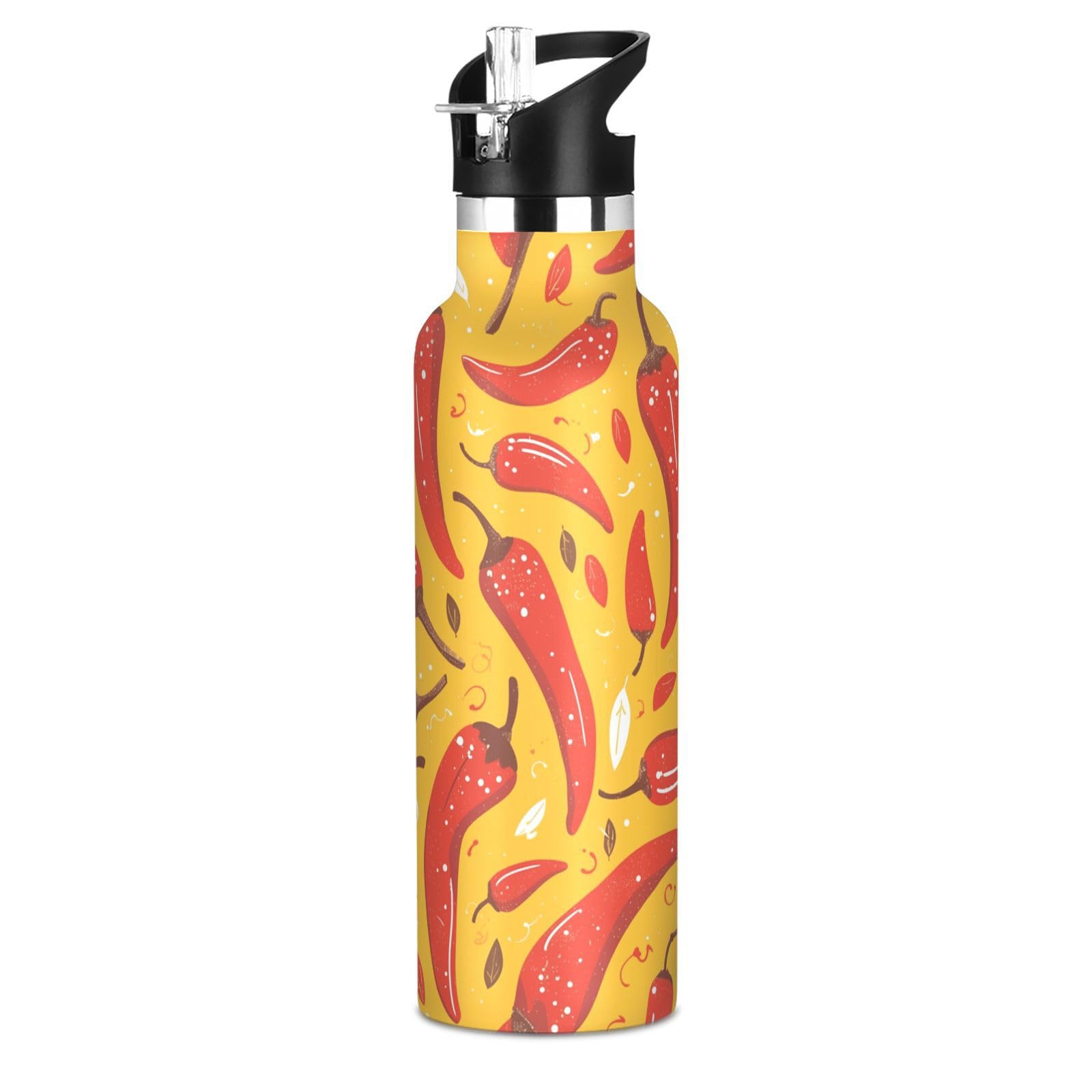 Kaaviyo Boys Pattern Fiery Red Peppers White Water Bottle Stainless Steel Jug Insulated Vacuum Cup For Girls(600Ml)