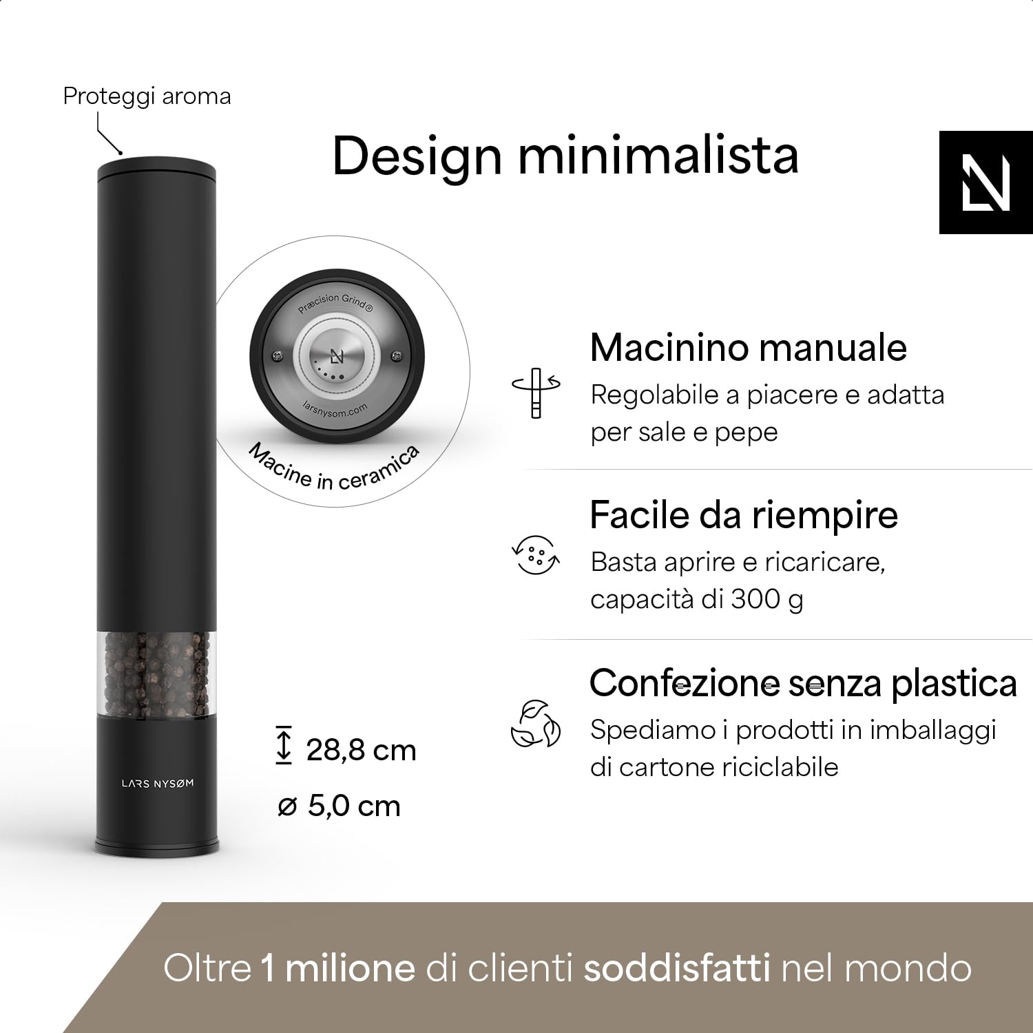 LARS NYSØM Macina sale e pepe manuale grande (28,8 cm) con macina in ceramica regolabile da grossolana a fine I Design per triturare spezie (Carbon Black)