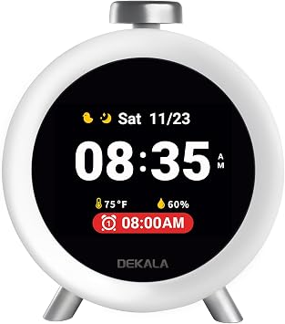 Dekala Alarm Clock with IPS Animated Display, Soothing Sleep Sounds, 4 Alarms, 7-Day Schedule, Temperature & Humidity Sensor, USB-C Powered Bedside Clock for Home & Family