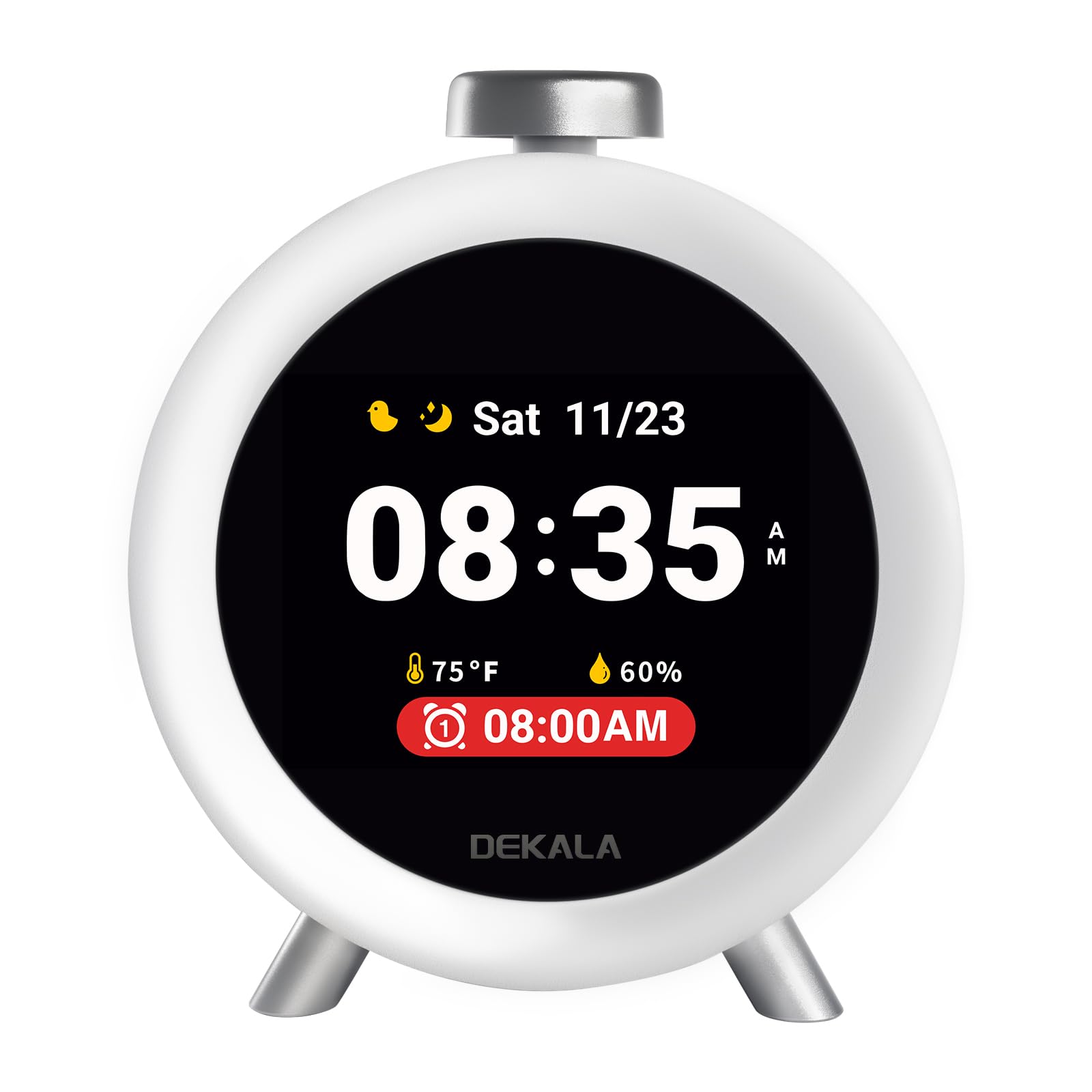 Dekala Alarm Clock with IPS Animated Display, Soothing Sleep Sounds, 4 Alarms, 7-Day Schedule, Temperature & Humidity Sensor, USB-C Powered Bedside Clock for Home & Family