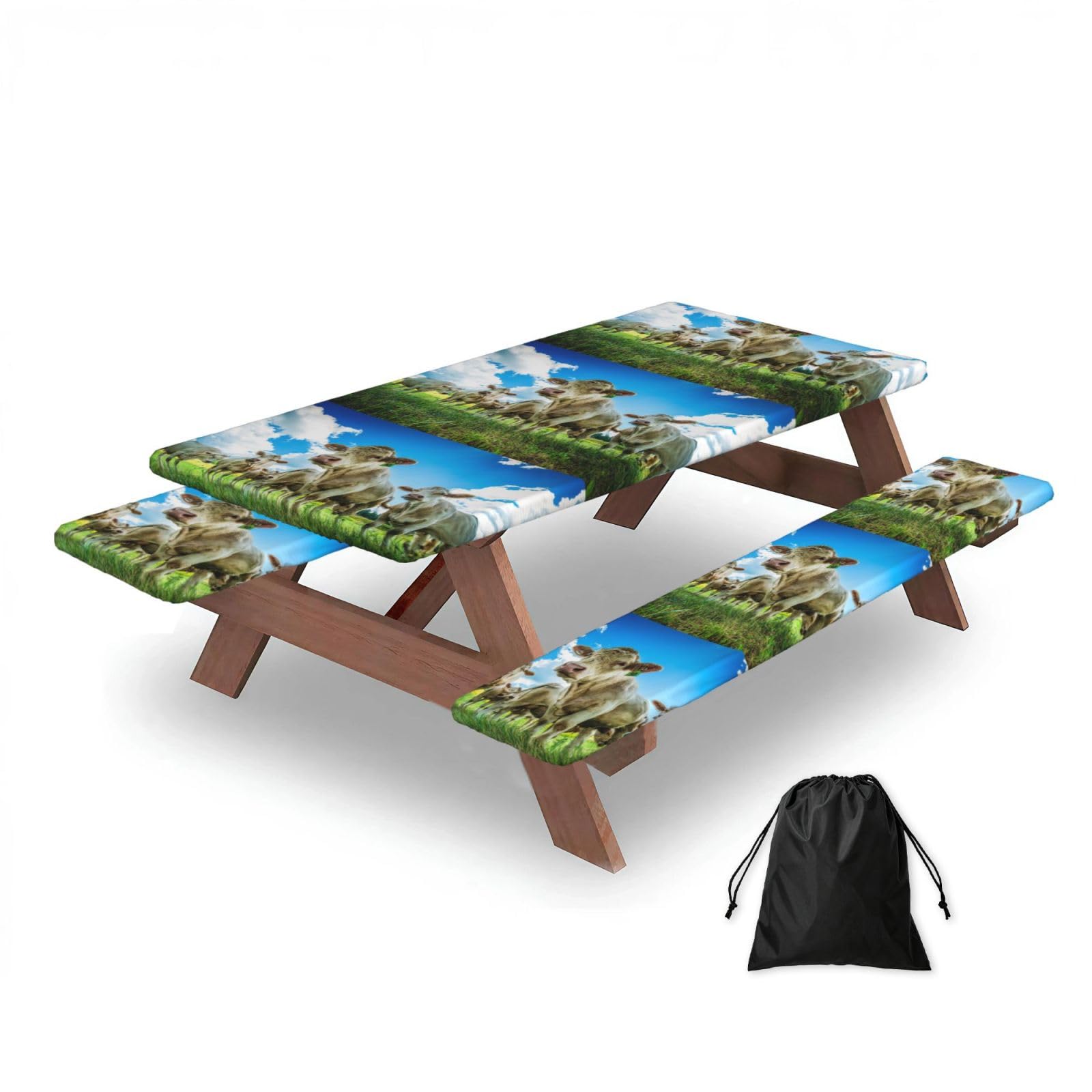 Dopklna As Picture Cow On The Grassland, Picnic Table Cover With Bench Covers -Waterproof Elastic Fitted Tablecloth For Garden Camping Patio 76X152cm