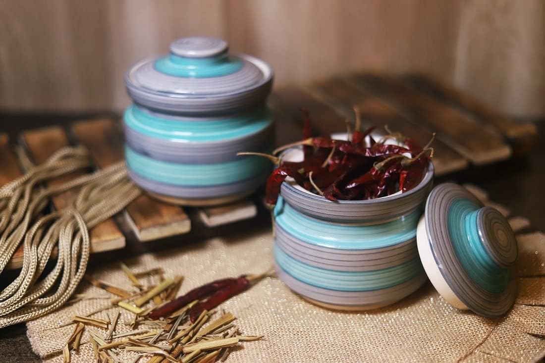 Ceramic Pickle Jar, Barni Green & Grey Color Line Design Storage Container (Pack of 2) For Your Home. Medium Size, Round Shape Storage Container For Gifting Purpose. - 1000 ML
