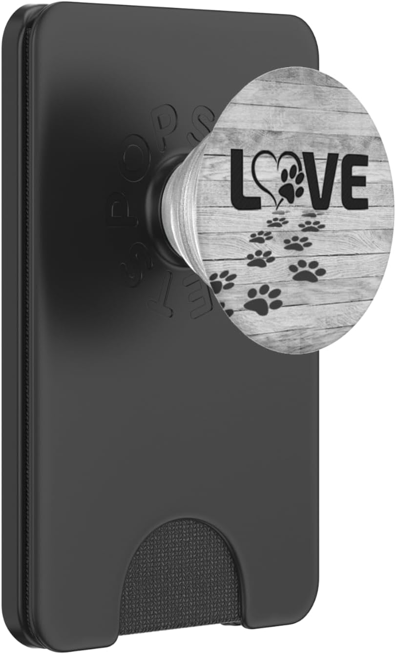 Black Pattern Dog Paw Print Tracks Heart Love On Gray Look PopSockets PopWallet for MagSafe
