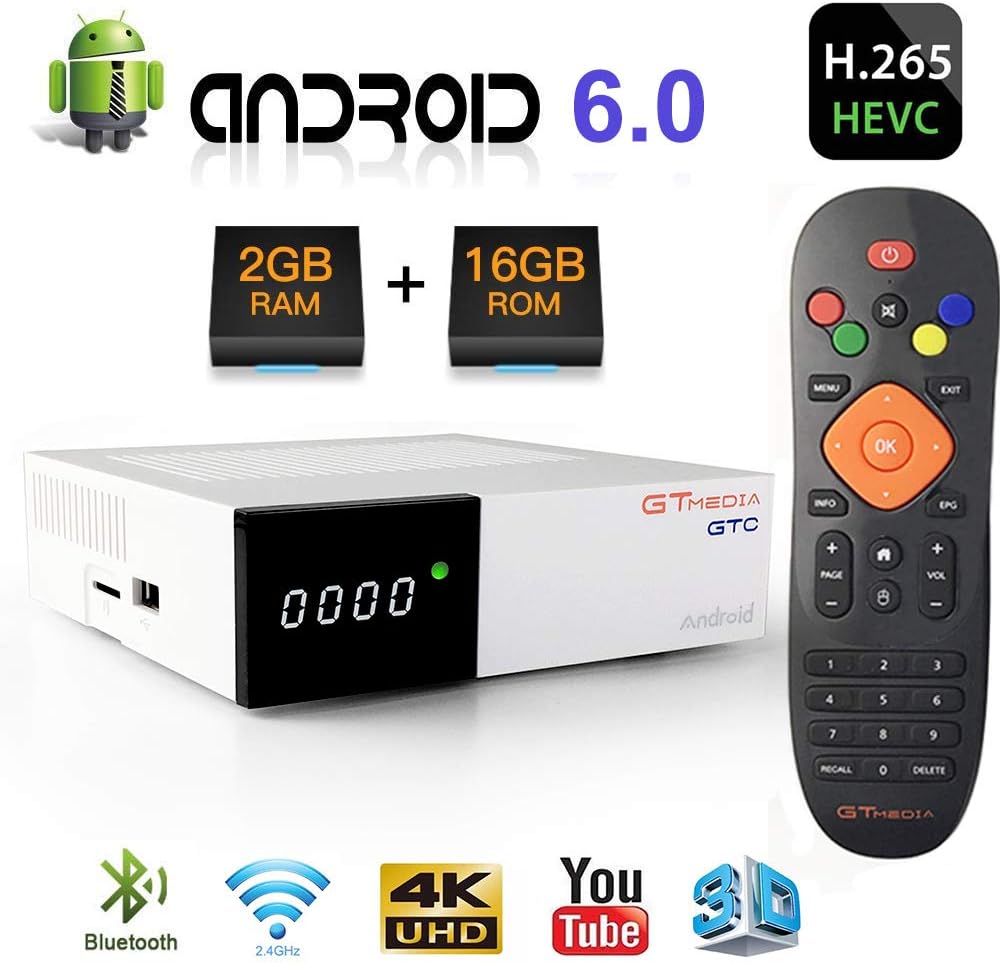 GT Media GTC Android 6.0 TV Box + DVB-S2/T2/Cable/ISDBT Digital TV Satellite Receiver Decoder TDT, Amlogic S905D【2GB+16GB】BT 4.0, 4K/H.265/MPEG-4 WiFi 2.4G, Compatible with CCcam, YouTube, IPTV