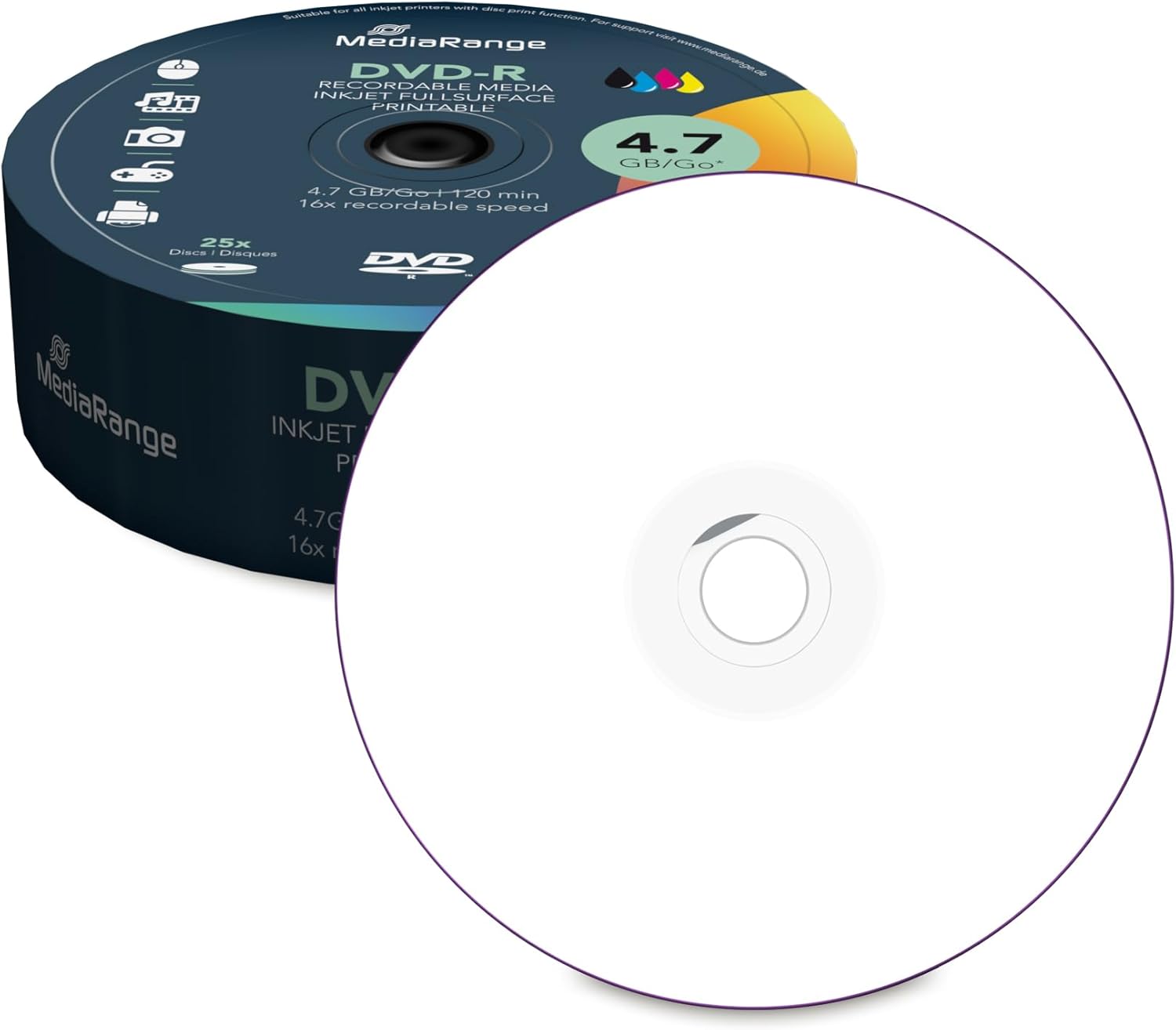 MEDIARANGE MR407 DVD-R 4.7GB 16x (25) White Cake Box Ink Jet Printable