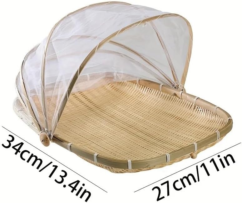 Handwoven Bamboo Serving Basket with Mesh Canopy Free Picnic Storage