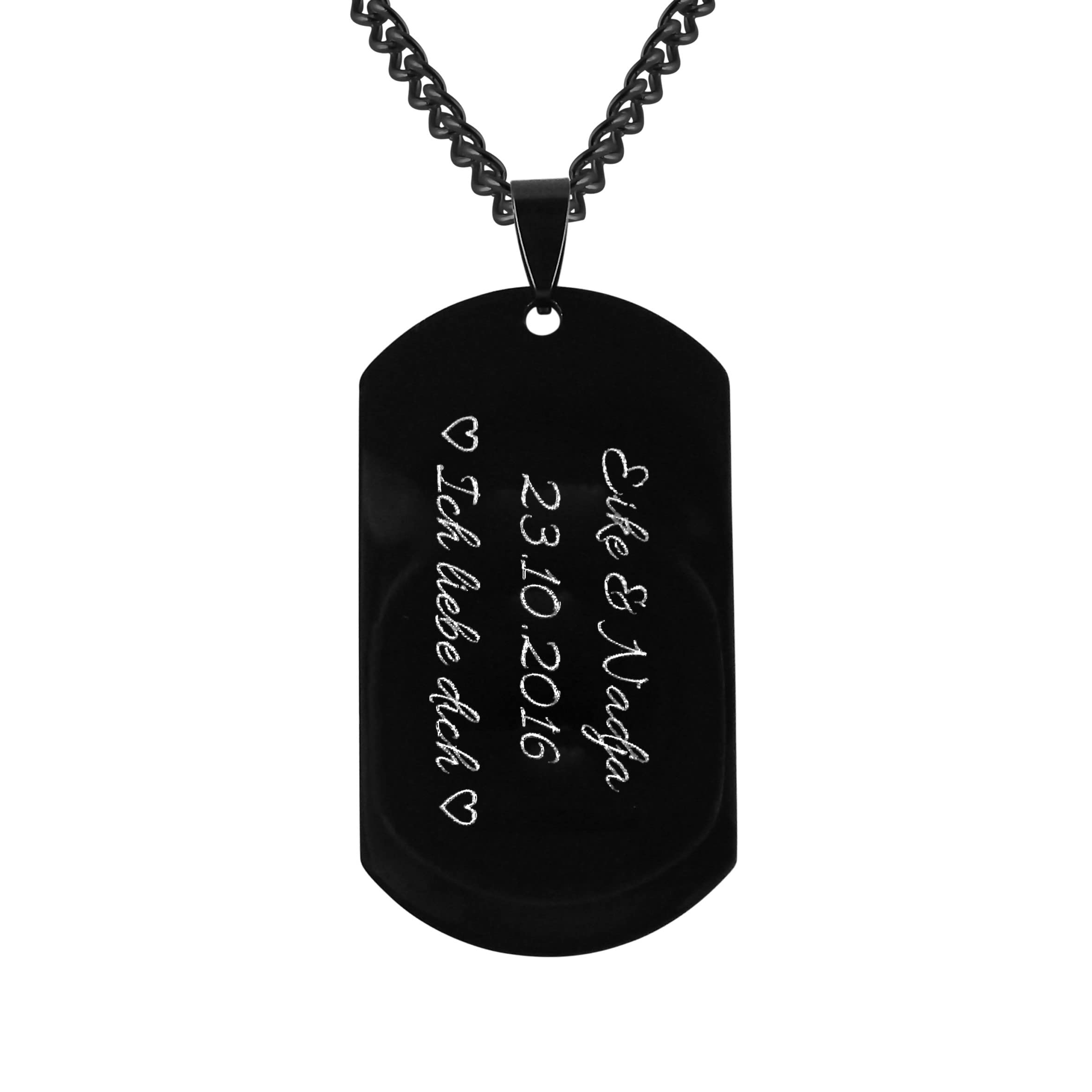 Personalisierte Kette mit Gravur Edelstahl 57 cm mit Anhänger Dog Tag in schwarz - Personalisierte Halskette für Männer und Frauen - Personalisierter Schmuck Damen Herren
