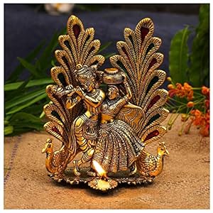 NOBILITY Radha Krishna Idol Statue with Diya Metal Gold Plated Peacock Design Hindu Religious Radha Krishan Showpiece Figurine for Janmashtami Home Temple Pooja Decorative Wedding Return Gift Items