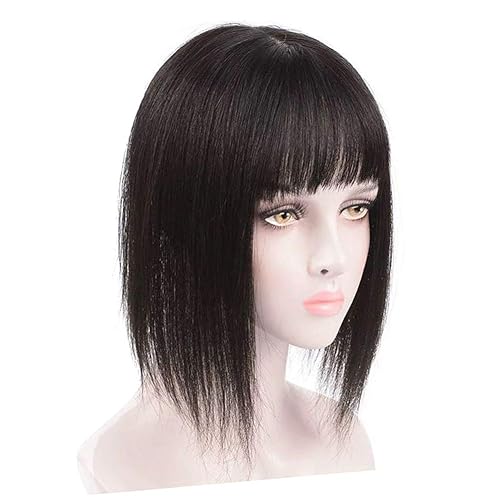 Bang Topper - Postizo de cabello humano con clip para mujer, con cabello gris y delgado, 8 pulgadas, marrón oscuro