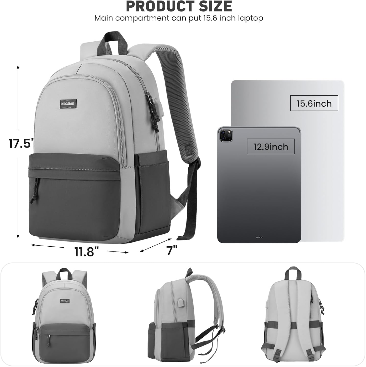 KROSIAS School Backpack for Teens Girls, Cute Student Bookbag Large 15.6 Inch Laptop Bag Aesthetic College Backpacks for Women High School Travel (Dark Grey & Light Grey)